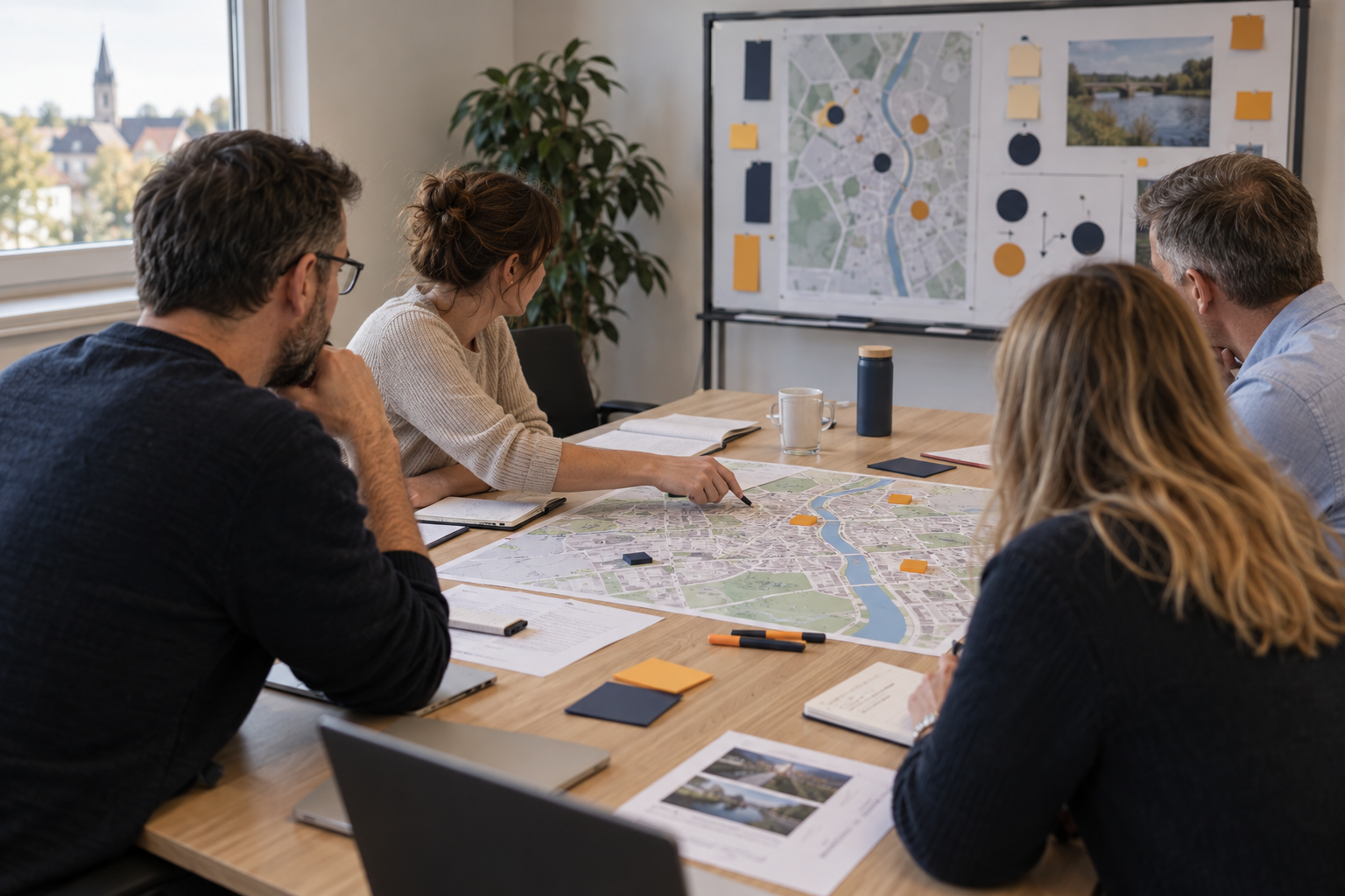 Symbolische Stabsübung mit vier Personen, Lagekarte und Arbeitsunterlagen